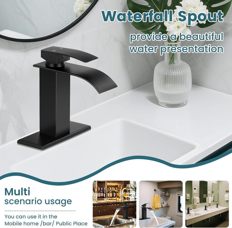 LUFG Bathroom Faucets Matte Black Waterfall Bathroom Sink Faucet Modern Single Handle Bathroom Faucet for 1 or 3 Hole Mxier Tap Washbasin Faucet with Deck, Pop-up Drain and Supply Hoses - Image 5